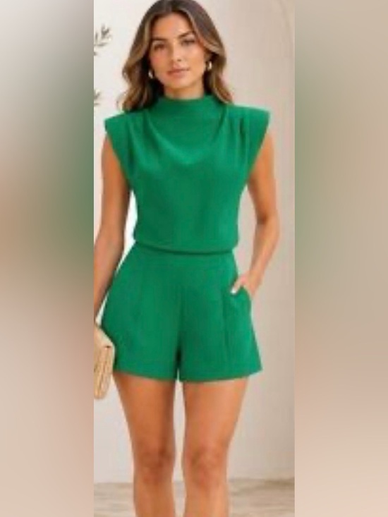 Commense Pants - Commense Emerald Green Sleeveless Romper with Structured Shoulders